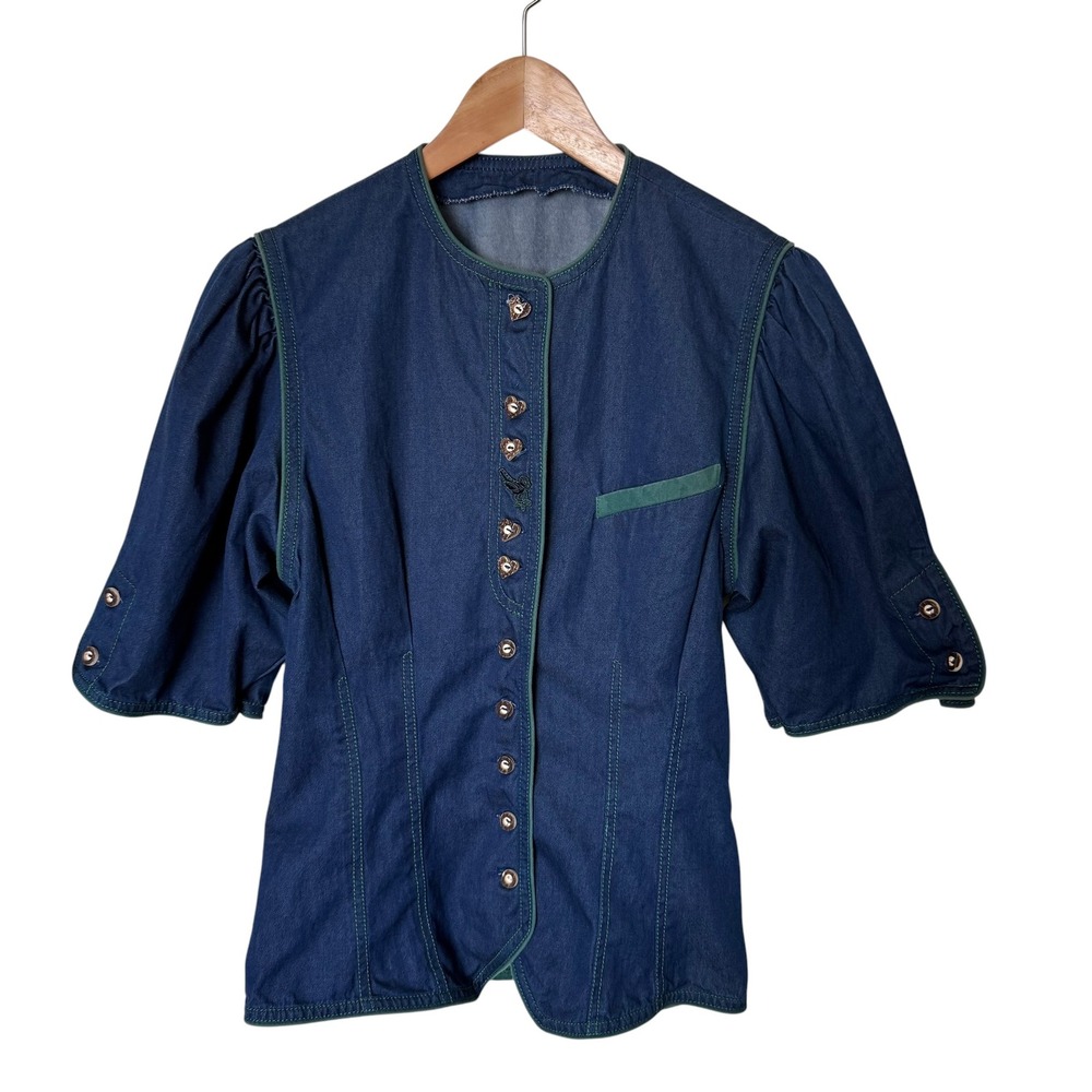 Zochner Denim Jacket Women 34 Blue Green Excellent Austrian Folk Puff Sleeve